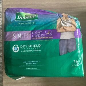 NWT Depend Men's Night Defense Incontinence Underwear Size S-M/P-M 16 Count